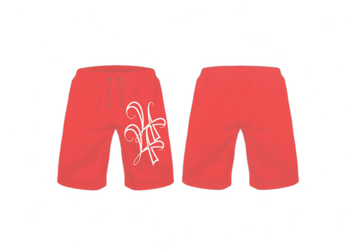 Red shorts with a white logo on a white background