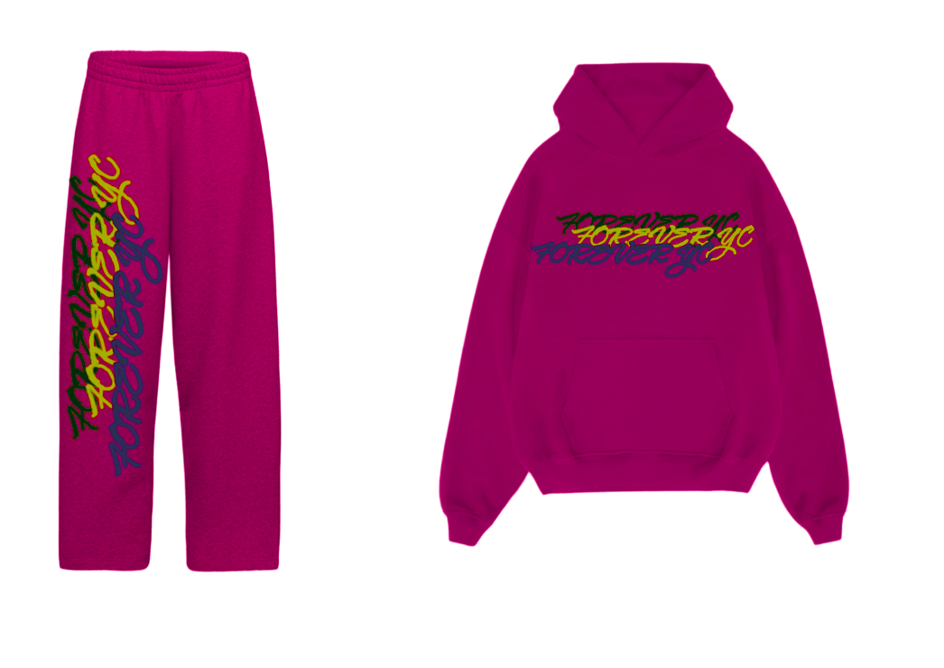 Pink hoodie and pants set with colorful text design on a white background